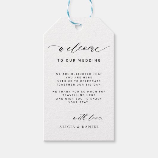 Elegant calligrafie bruiloft welkomsttas cadeaulabel (Voorkant)