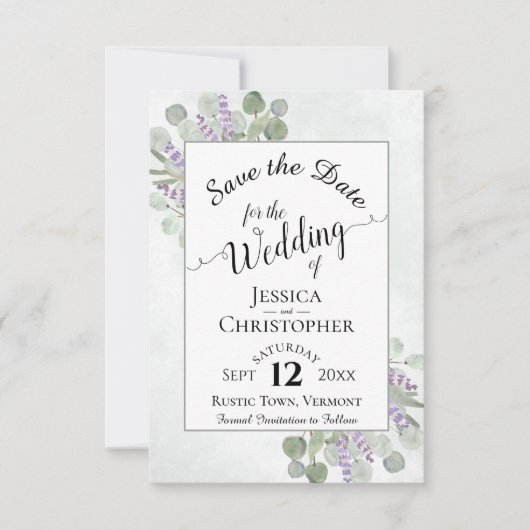 Elegant Calligrafie Eucalyptus & Lavender Wedding Save The Date (Voorkant)