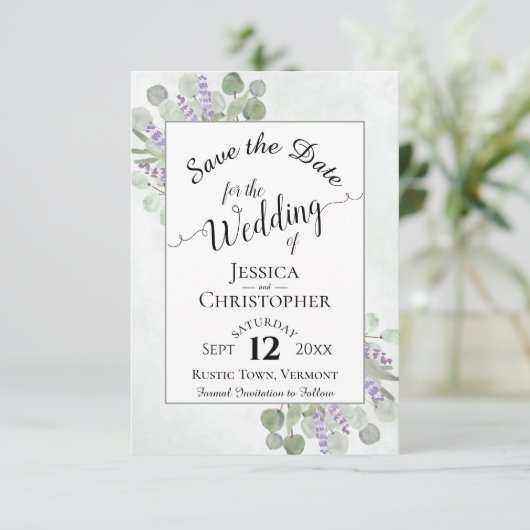 Elegant Calligrafie Eucalyptus & Lavender Wedding Save The Date (Staand voorkant)