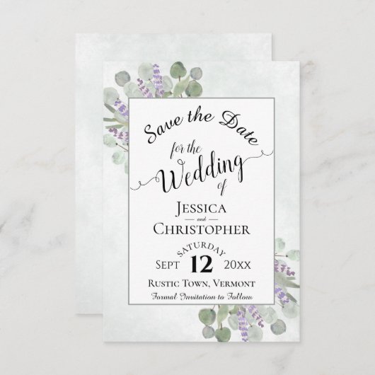 Elegant Calligrafie Eucalyptus & Lavender Wedding Save The Date (Voorkant / Achterkant)