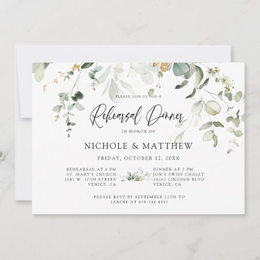 Elegant Calligrafie Eucalyptus repetitie Dinner Kaart (Voorkant)