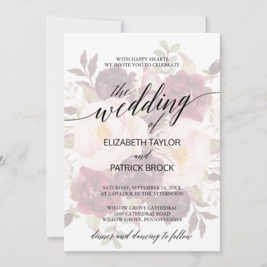 Elegant Calligrafie | Faded Floral Wedding Kaart (Voorkant)