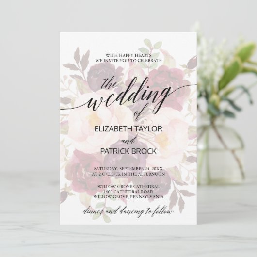 Elegant Calligrafie | Faded Floral Wedding Kaart (Staand voorkant)