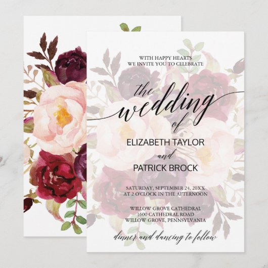 Elegant Calligrafie | Faded Floral Wedding Kaart (Voorkant / Achterkant)