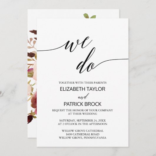 Elegant Calligrafie | Floral back "We do" Weddensc Kaart (Voorkant / Achterkant)