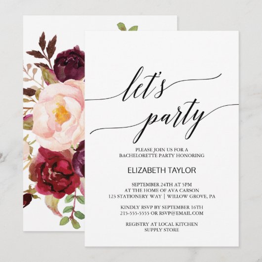 Elegant Calligrafie | Floral Backing Let's Party Kaart (Voorkant / Achterkant)