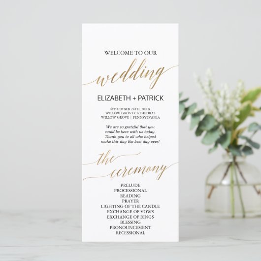 Elegant Calligrafie | Gold Wedding-programma Programmakaart (Staand voorkant)