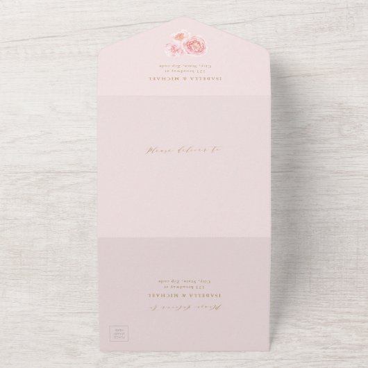 Elegant calligrafie goud & bloesse bruiloft all in one uitnodiging (Buitenkant)