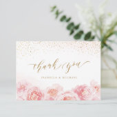 Elegant calligrafie goud & bloesse bruiloft bedankkaart (Staand voorkant)
