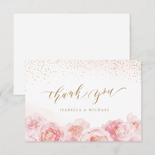 Elegant calligrafie goud & bloesse bruiloft bedankkaart (Voorkant / Achterkant)