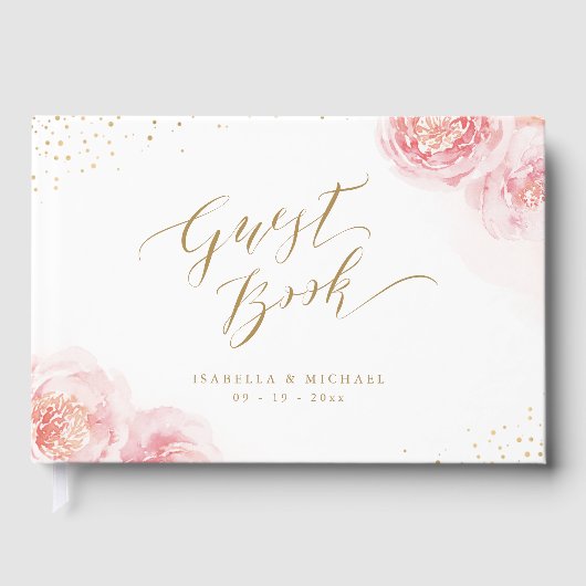 Elegant calligrafie goud & bloesse bruiloft gastenboek (Voorkant)