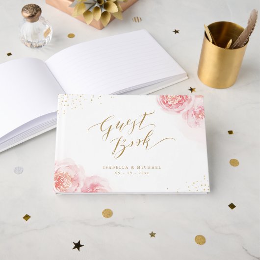 Elegant calligrafie goud & bloesse bruiloft gastenboek (Voorkant open)