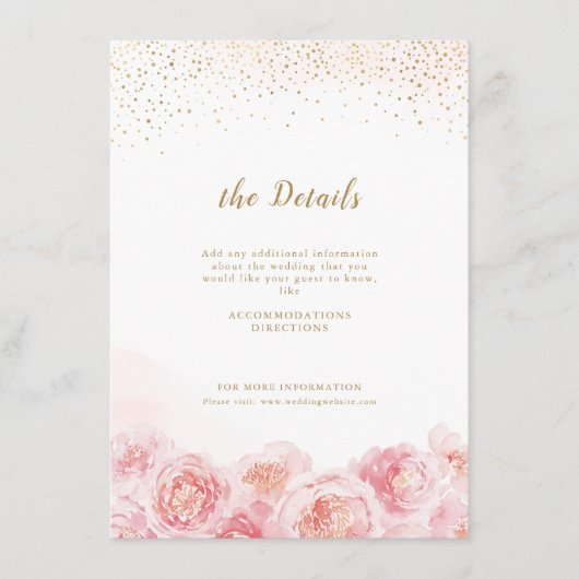 Elegant calligrafie goud & bloesse bruiloft informatiekaartje (Voorkant)