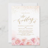 Elegant calligrafie goud & bloesse bruiloft kaart (Voorkant)