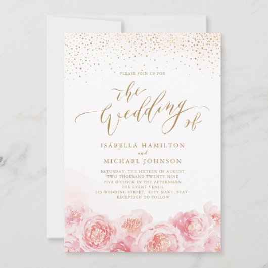 Elegant calligrafie goud & bloesse bruiloft kaart (Voorkant)