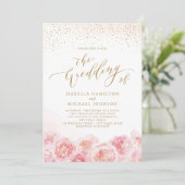 Elegant calligrafie goud & bloesse bruiloft kaart (Staand voorkant)
