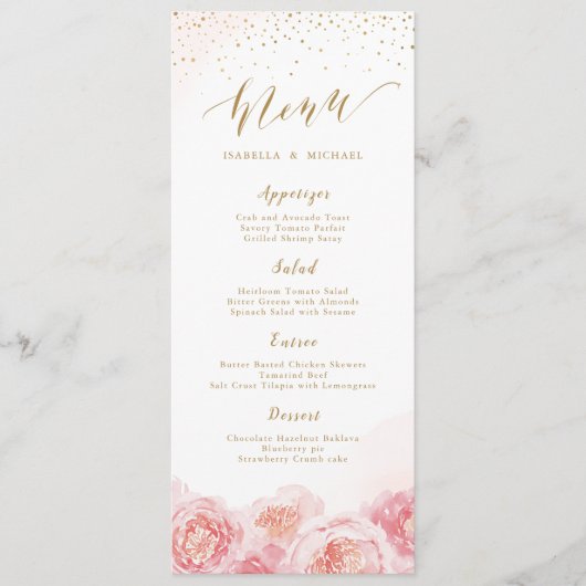 Elegant calligrafie goud & bloesse bruiloft menu (Voorkant)