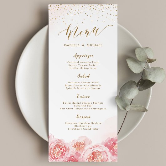 Elegant calligrafie goud & bloesse bruiloft menu