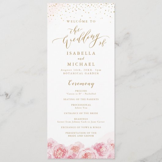 Elegant calligrafie goud & bloesse bruiloft programmakaart (Voorkant)