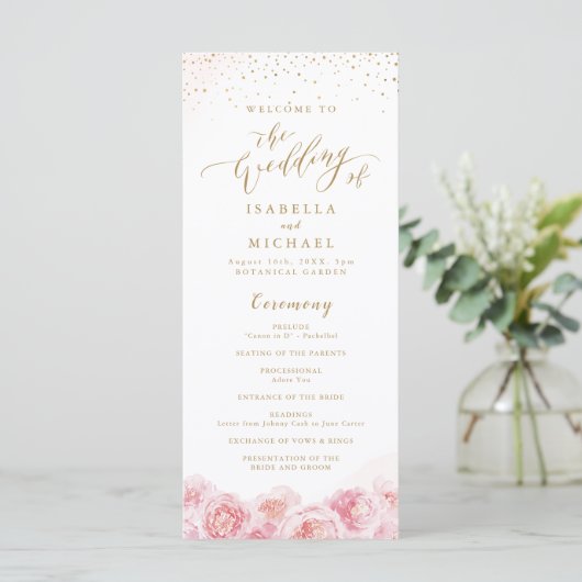 Elegant calligrafie goud & bloesse bruiloft programmakaart (Staand voorkant)