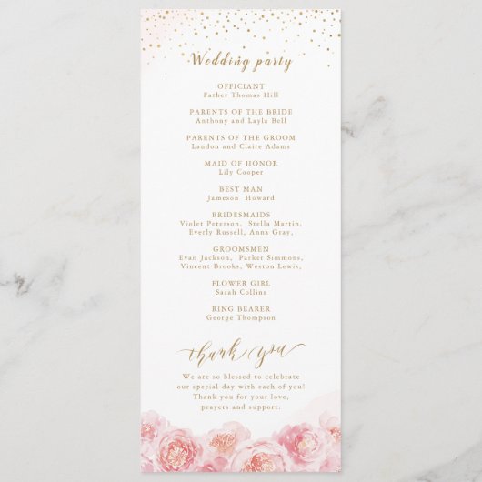 Elegant calligrafie goud & bloesse bruiloft programmakaart (Achterkant)