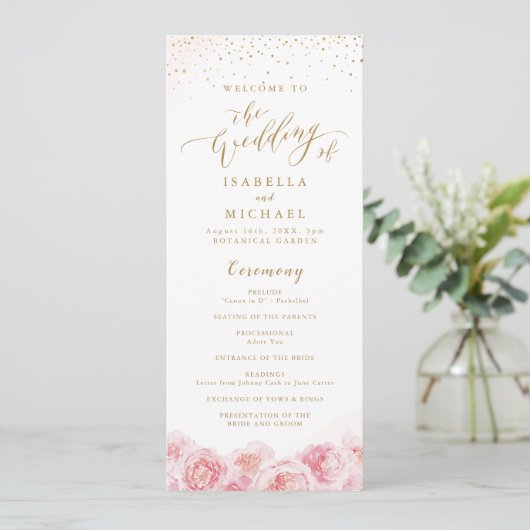 Elegant calligrafie goud & bloesse bruiloft programmakaart (Staand voorkant)