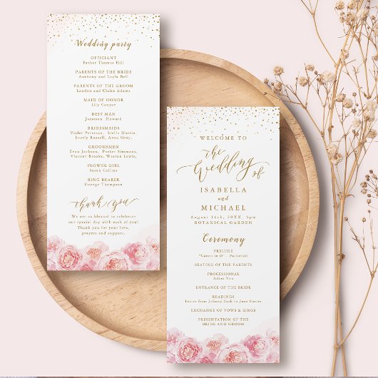 Elegant calligrafie goud & bloesse bruiloft programmakaart