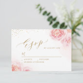 Elegant calligrafie goud & bloesse bruiloft RSVP kaartje (Staand voorkant)