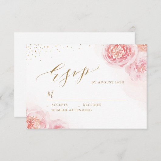 Elegant calligrafie goud & bloesse bruiloft RSVP kaartje (Voorkant / Achterkant)