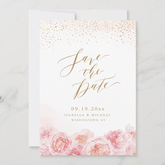Elegant calligrafie goud & bloesse bruiloft save the date (Voorkant)