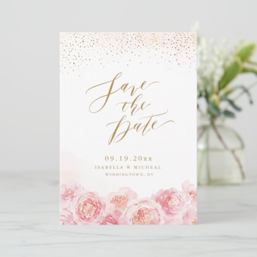 Elegant calligrafie goud & bloesse bruiloft save the date (Staand voorkant)