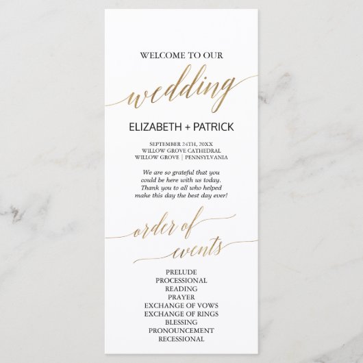 Elegant Calligrafie | Goudbruiloft Programmakaart (Voorkant)