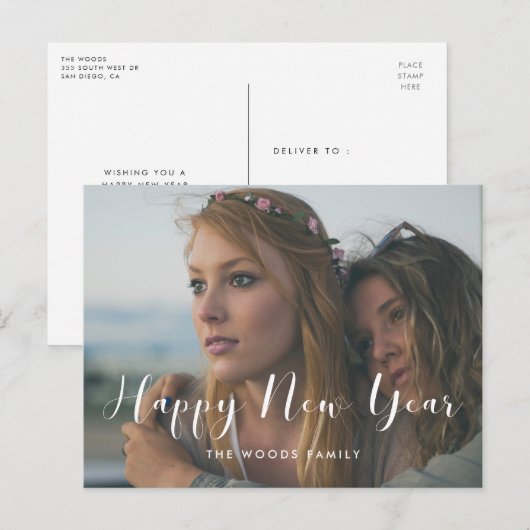 Elegant calligrafie Happy New Year Holiday foto Briefkaart (Voorkant / Achterkant)