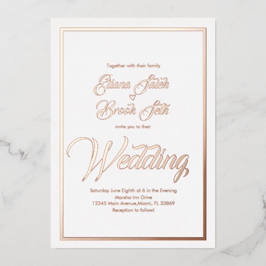 Elegant Calligrafie Heart Wedding Prigedrukte Foli Folie Uitnodiging (Voorkant)