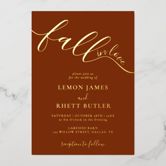 Elegant Calligrafie Herfst in Love Weddenschap Gol Folie Uitnodiging (Voorkant)