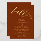 Elegant Calligrafie Herfst in Love Weddenschap Gol Folie Uitnodiging (Voorkant / Achterkant)