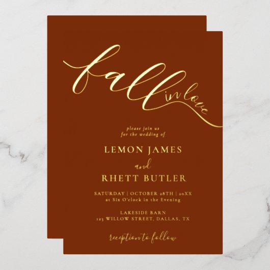 Elegant Calligrafie Herfst in Love Weddenschap Gol Folie Uitnodiging (Voorkant / Achterkant)