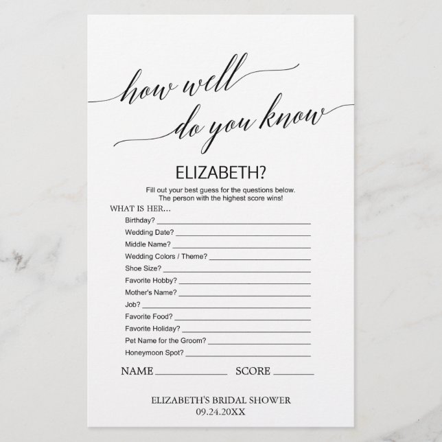 Elegant Calligrafie hoe goed ken je de bride? (Voorkant)