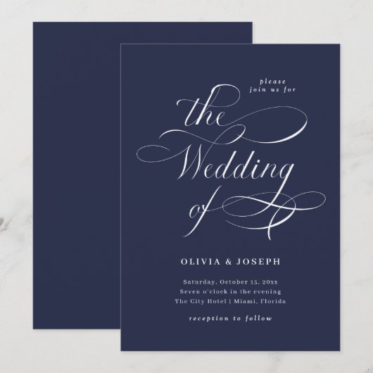 Elegant Calligrafie | Navy Blue Wedding Kaart (Voorkant / Achterkant)
