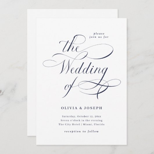 Elegant Calligrafie | Navy Blue Wedding Kaart (Voorkant / Achterkant)