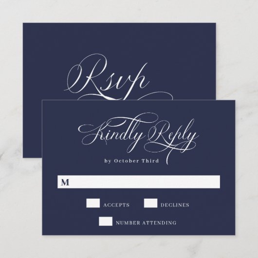 Elegant Calligrafie | Navy Blue Wedding RSVP Kaartje (Voorkant / Achterkant)