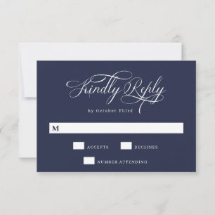 Elegant Calligrafie Navy Blue Wedding RSVP Kaartje