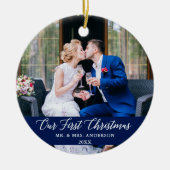 Elegant Calligrafie Ons eerste kerstblauw Keramisch Ornament (Voorkant)