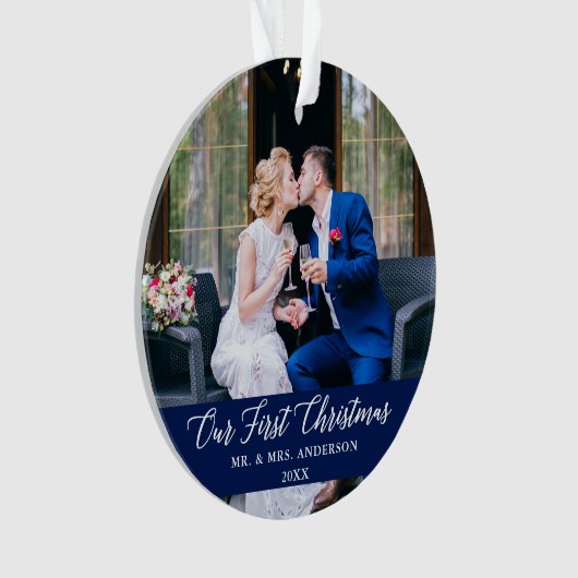 Elegant Calligrafie Ons eerste kerstblauw Ornament (voorkant)