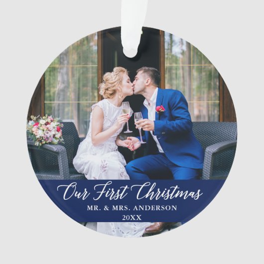 Elegant Calligrafie Ons eerste kerstblauw Ornament (voorkant)