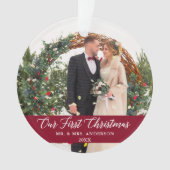 Elegant Calligrafie Ons eerste kerstfeest Bourgogn Ornament (voorkant)