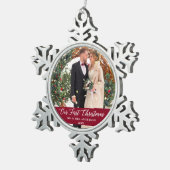 Elegant Calligrafie Ons eerste kerstfeest Bourgogn Tin Sneeuwvlok Ornament (Rechts)