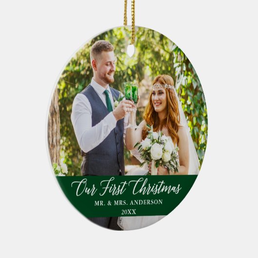 Elegant Calligrafie Ons eerste kerstgroen Keramisch Ornament (Rechts)