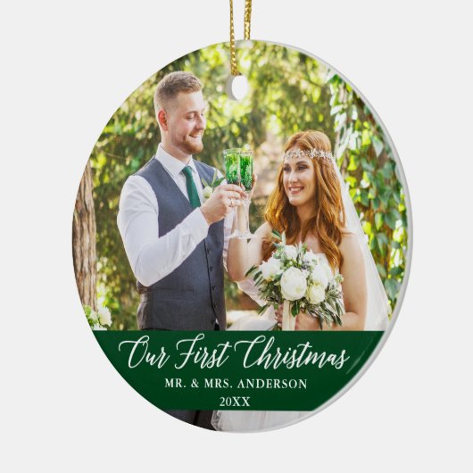 Elegant Calligrafie Ons eerste kerstgroen Keramisch Ornament (Links)