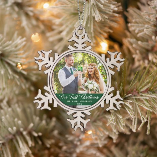 Elegant Calligrafie Ons eerste kerstgroen Tin Sneeuwvlok Ornament (Boom)